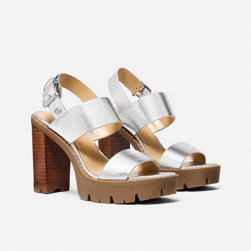 New Michael Kors - Holland Metallic Platform Sandal Size 8 Silver 49R5HLMS1M